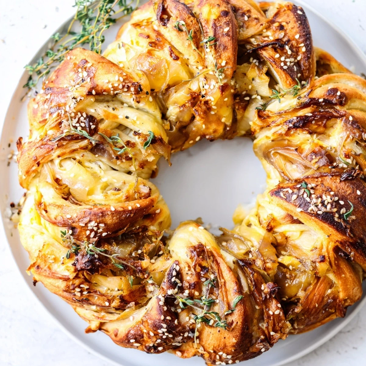 Round savory pastry wreath filled with sweet caramelized onions and grated Gruyere cheese, garnished with fresh thyme