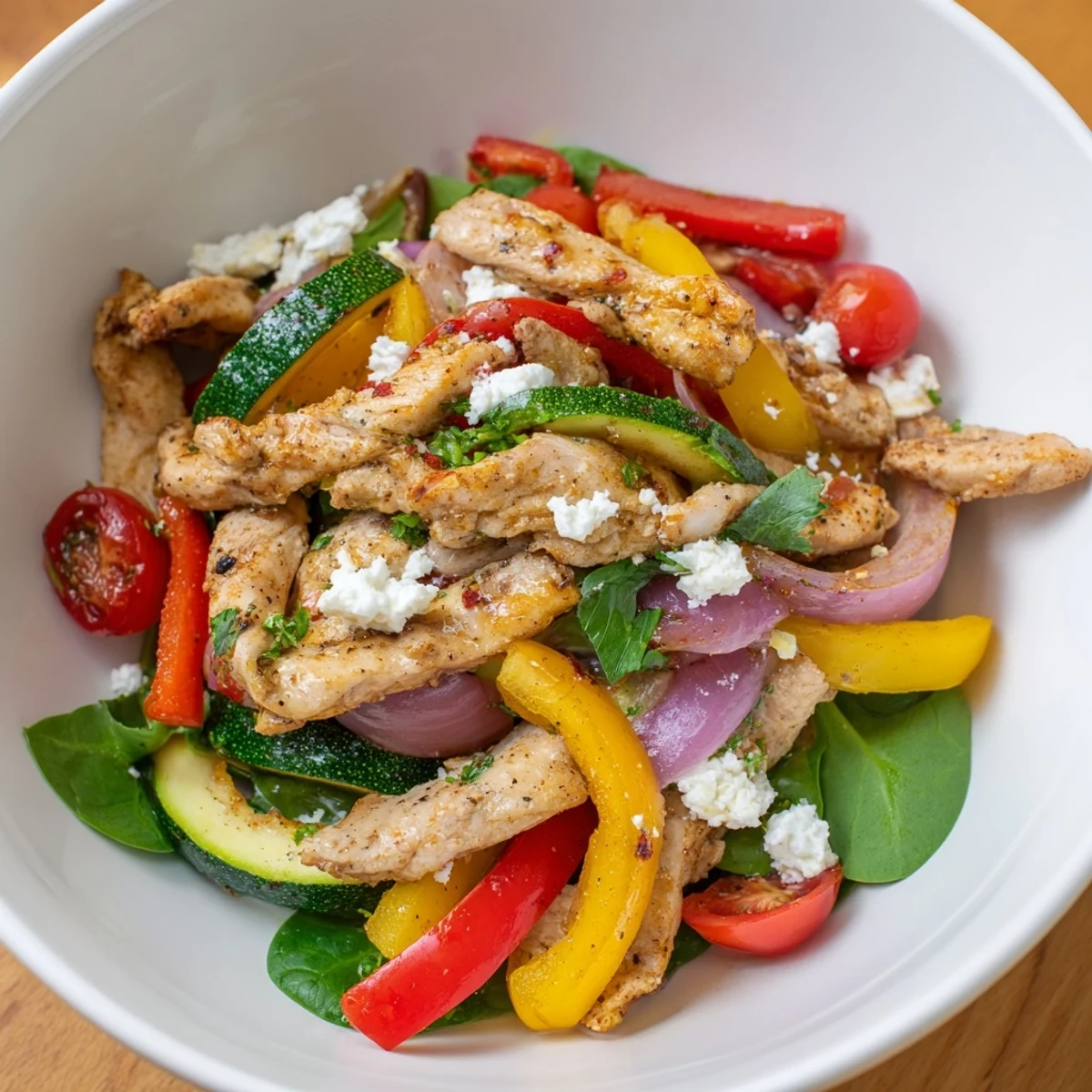 Quick and healthy Mediterranean chicken stir fry featuring tender spiced chicken, vibrant vegetables and crumbled feta garnish