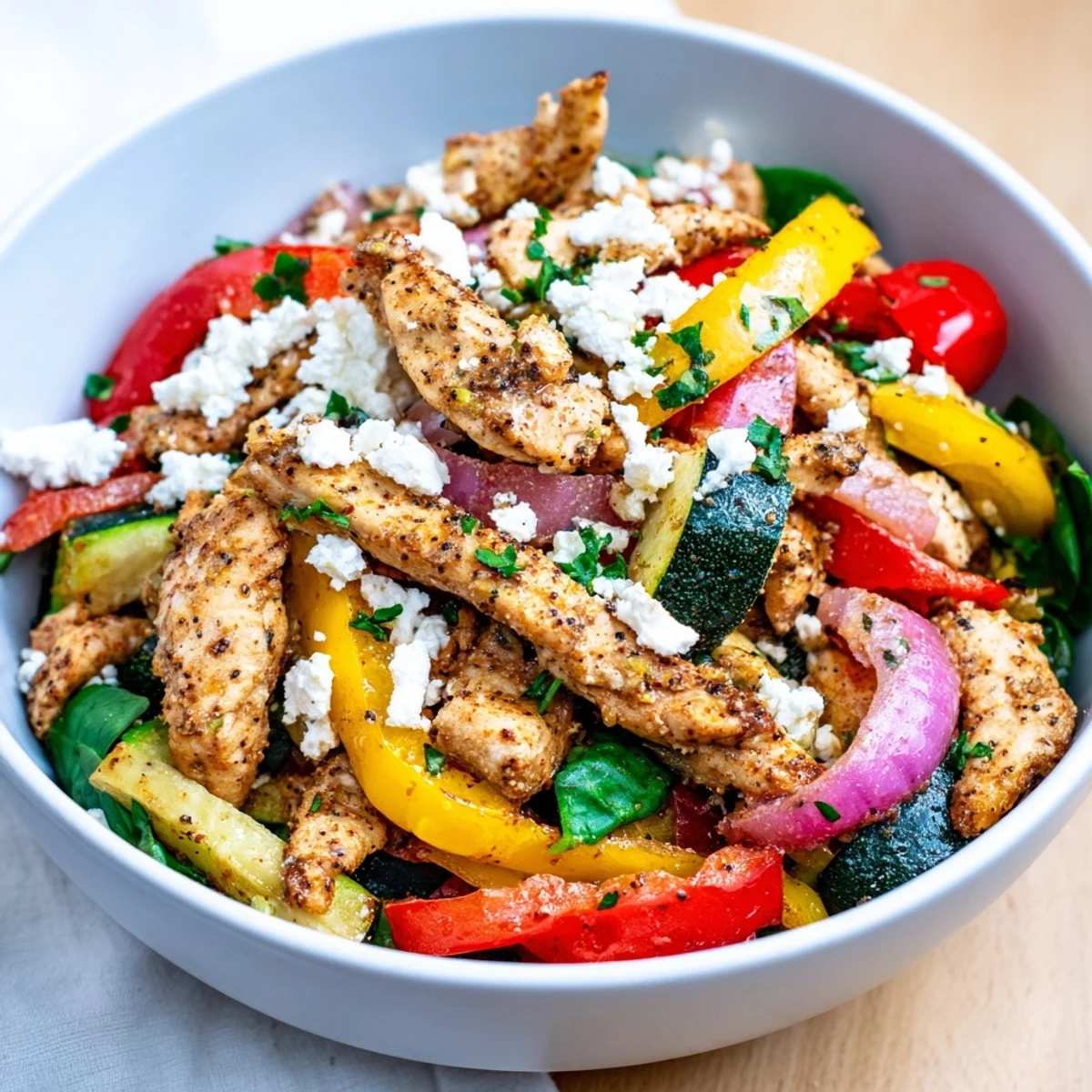 Colorful Mediterranean chicken stir fry with juicy chicken breast, crisp bell peppers, zucchini and melted feta cheese topping