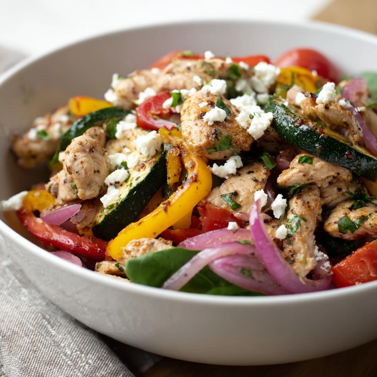 Easy one-pan Mediterranean chicken stir fry packed with seasoned chicken strips, fresh veggies and creamy feta cheese