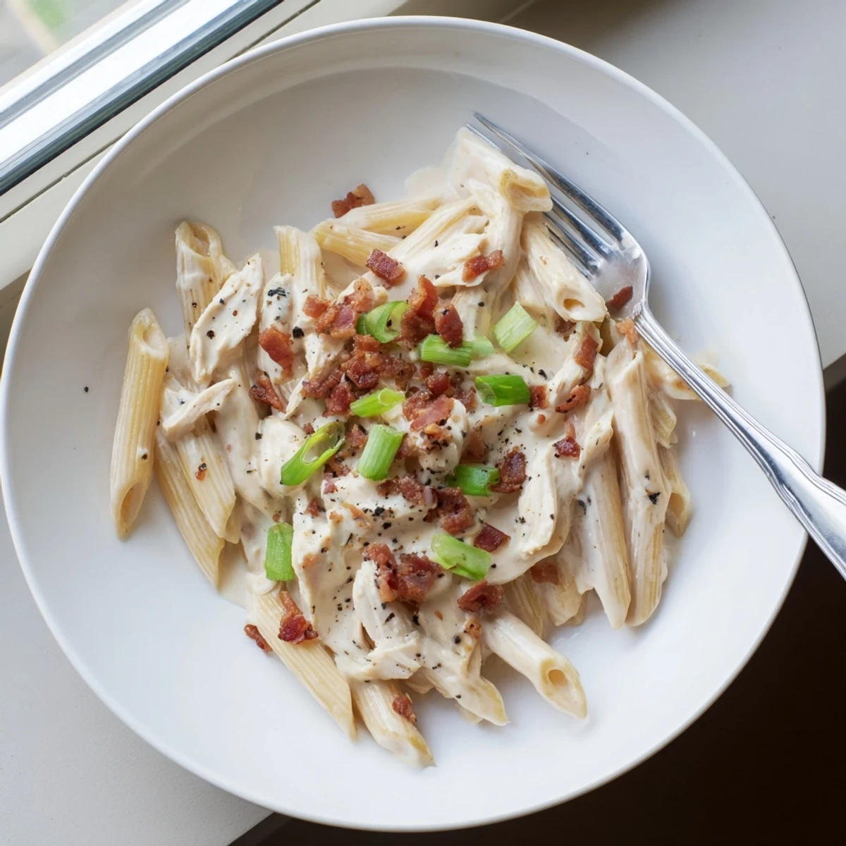Creamy crack chicken pasta with melted cheddar, crispy bacon, and tender shredded chicken in a rich ranch sauce.