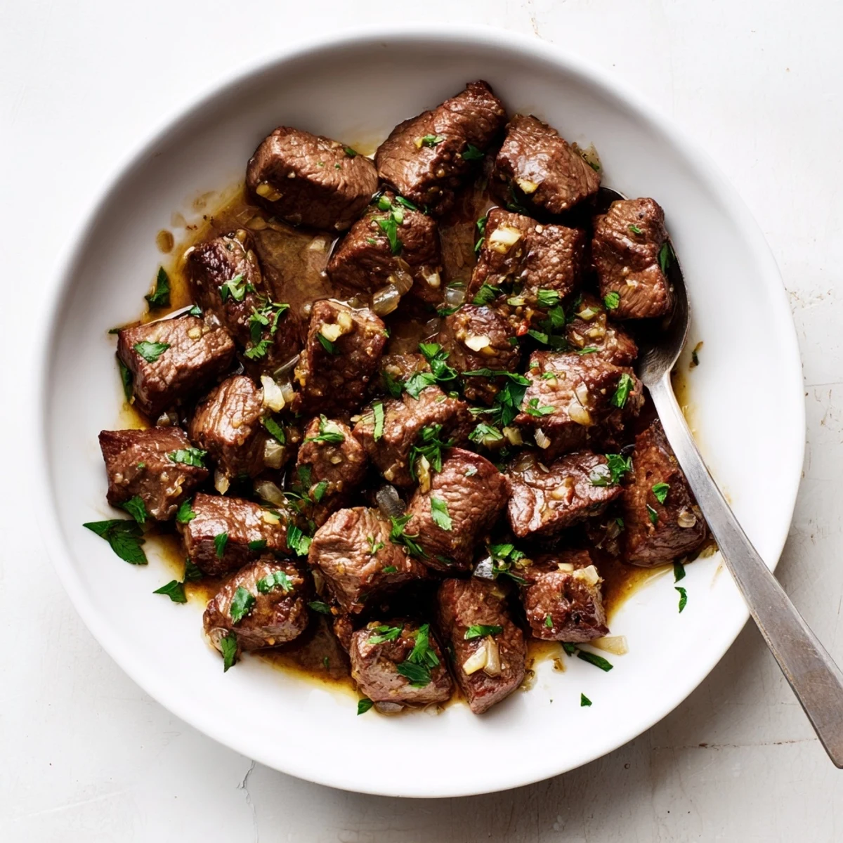 Golden brown steak bites slow-cooked with onions, herbs, and rich beef broth