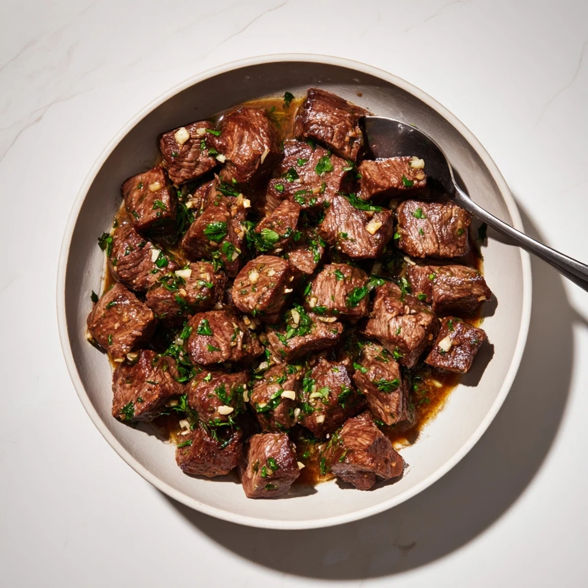 Tender Crockpot steak bites simmered in garlic butter with fresh parsley garnish