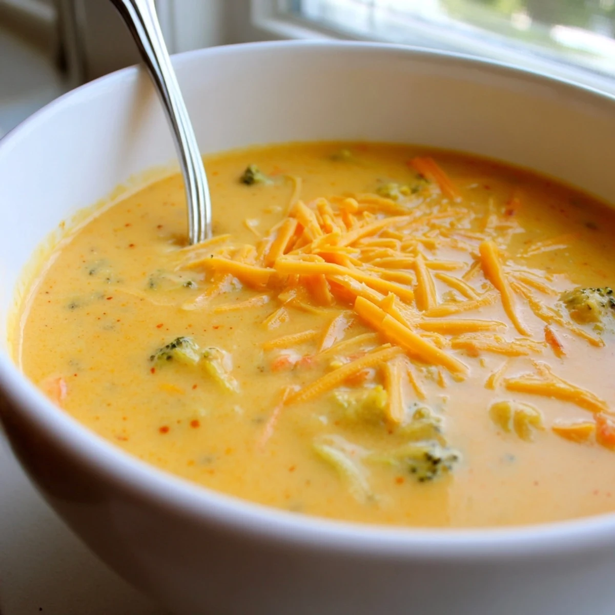 Creamy Instant Pot broccoli cheddar soup served in a white bowl with melted cheese topping and fresh parsley garnish