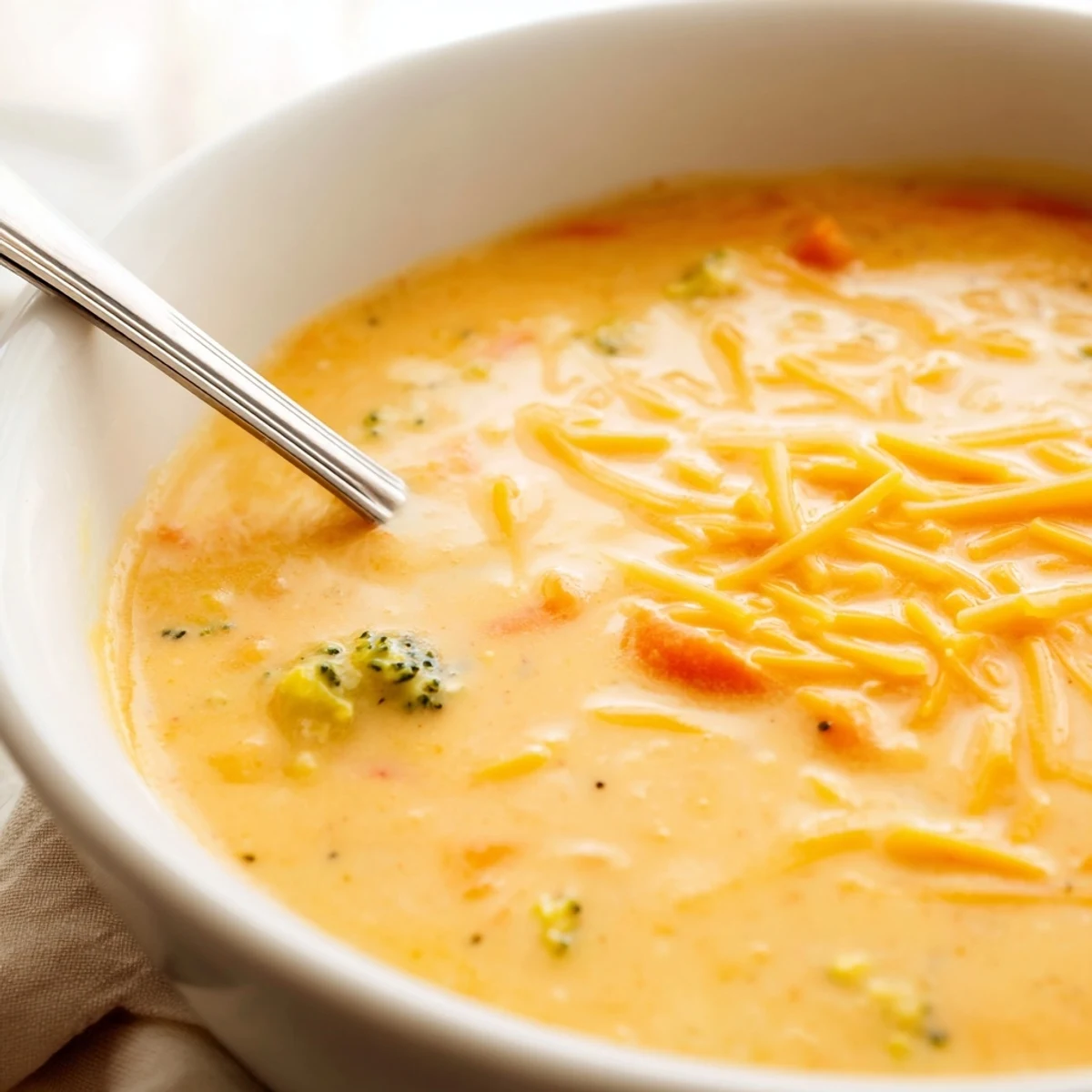 Rich and velvety Instant Pot broccoli cheddar soup ladled into a rustic bowl alongside crusty bread for dipping