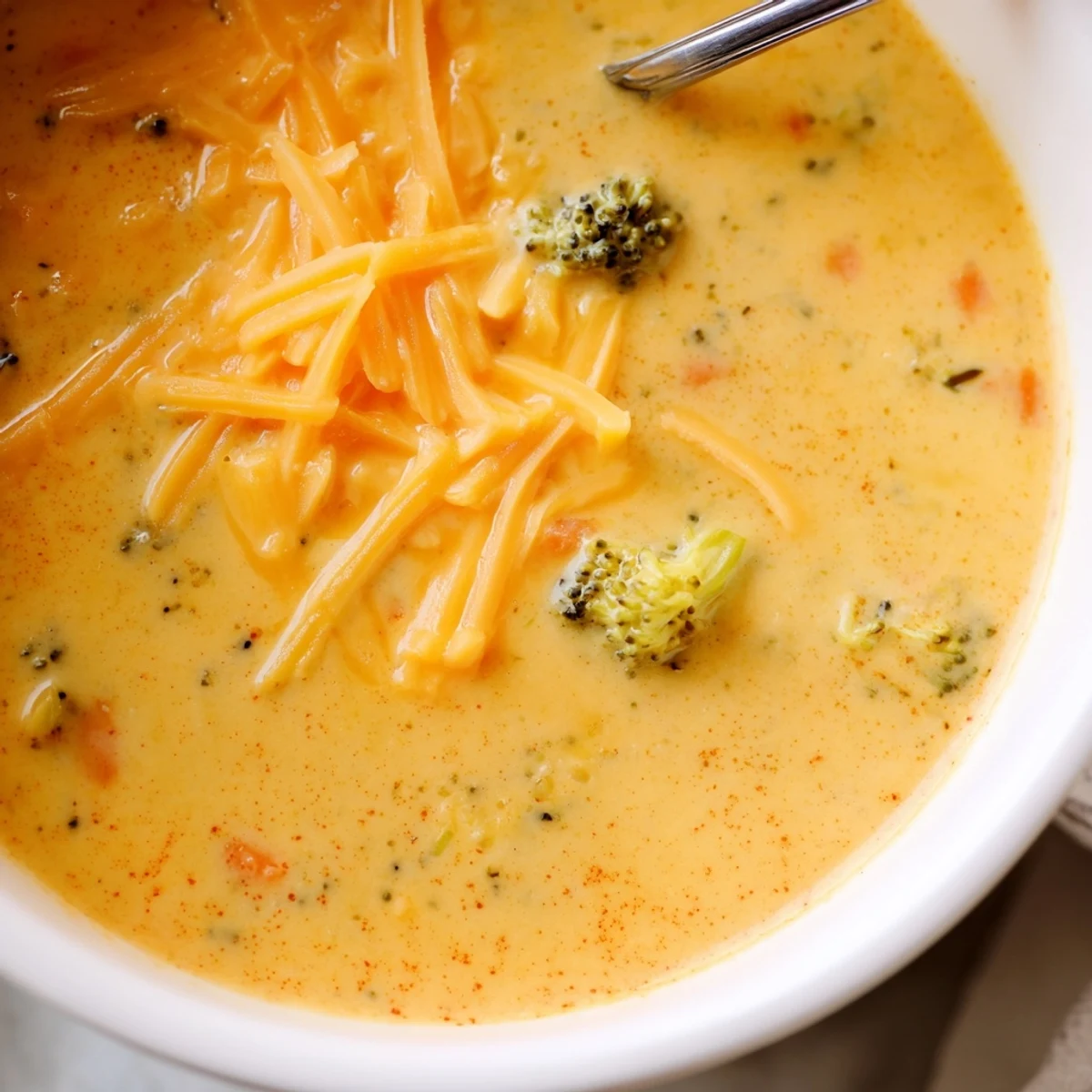 Steaming hot bowl of homemade Instant Pot broccoli cheddar soup featuring tender broccoli florets and sharp cheddar swirls