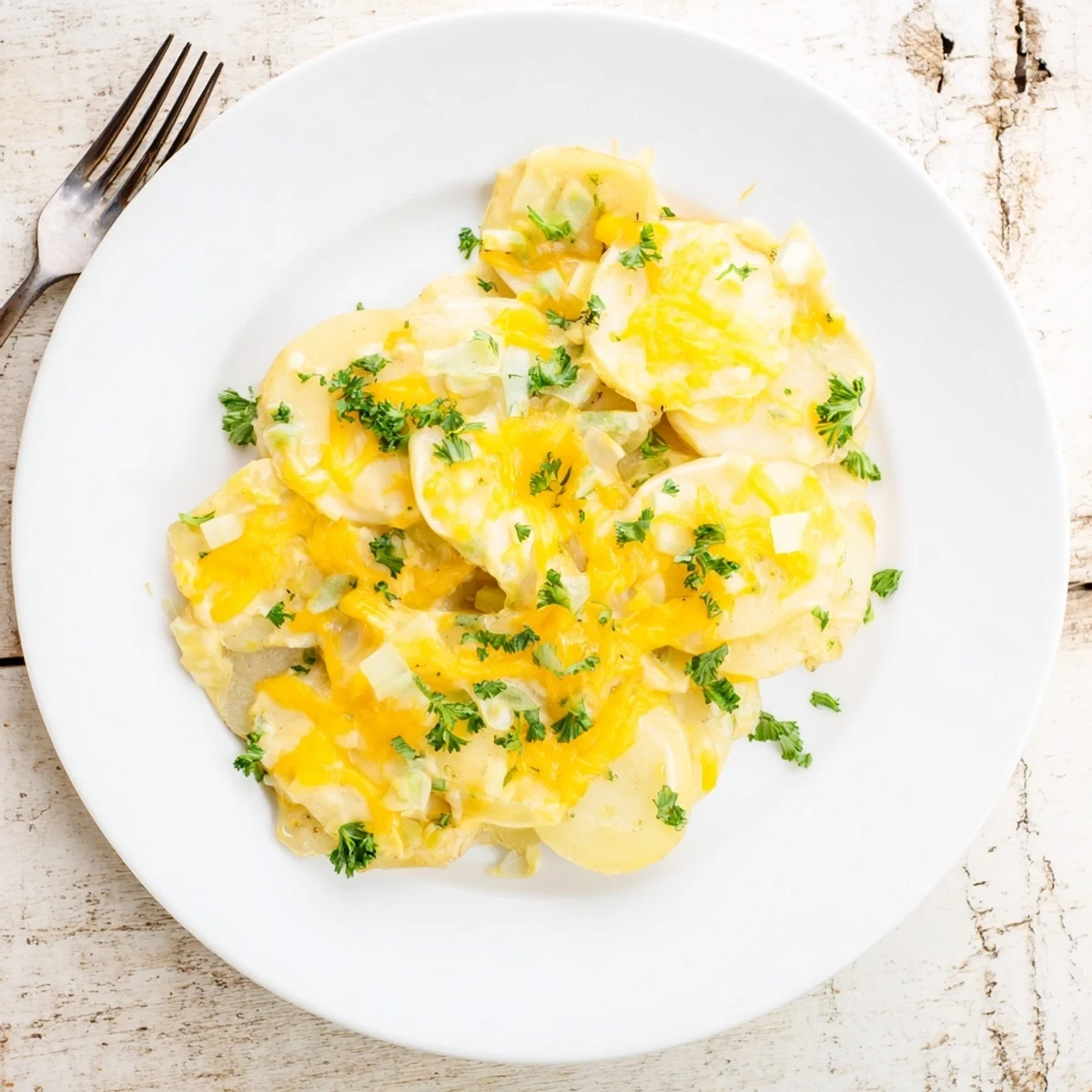 Creamy cheese sauce coats layered potato slices in this easy Crockpot scalloped potatoes comfort food side dish