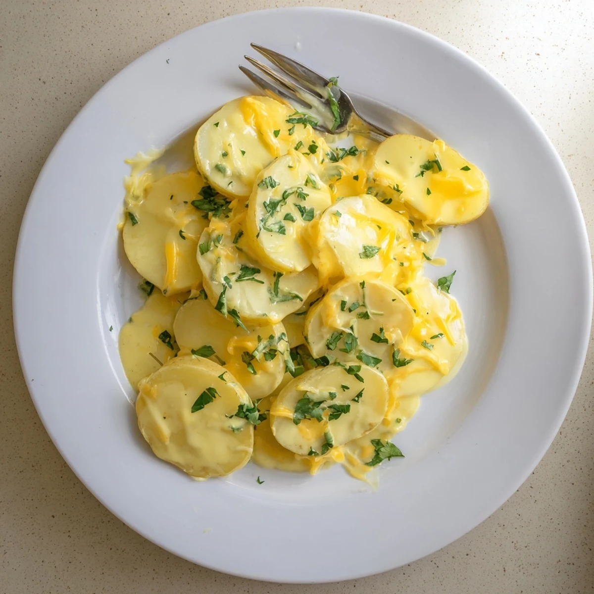 Rustic crock of scalloped potatoes featuring golden brown cheesy tops and soft Yukon Gold potato layers