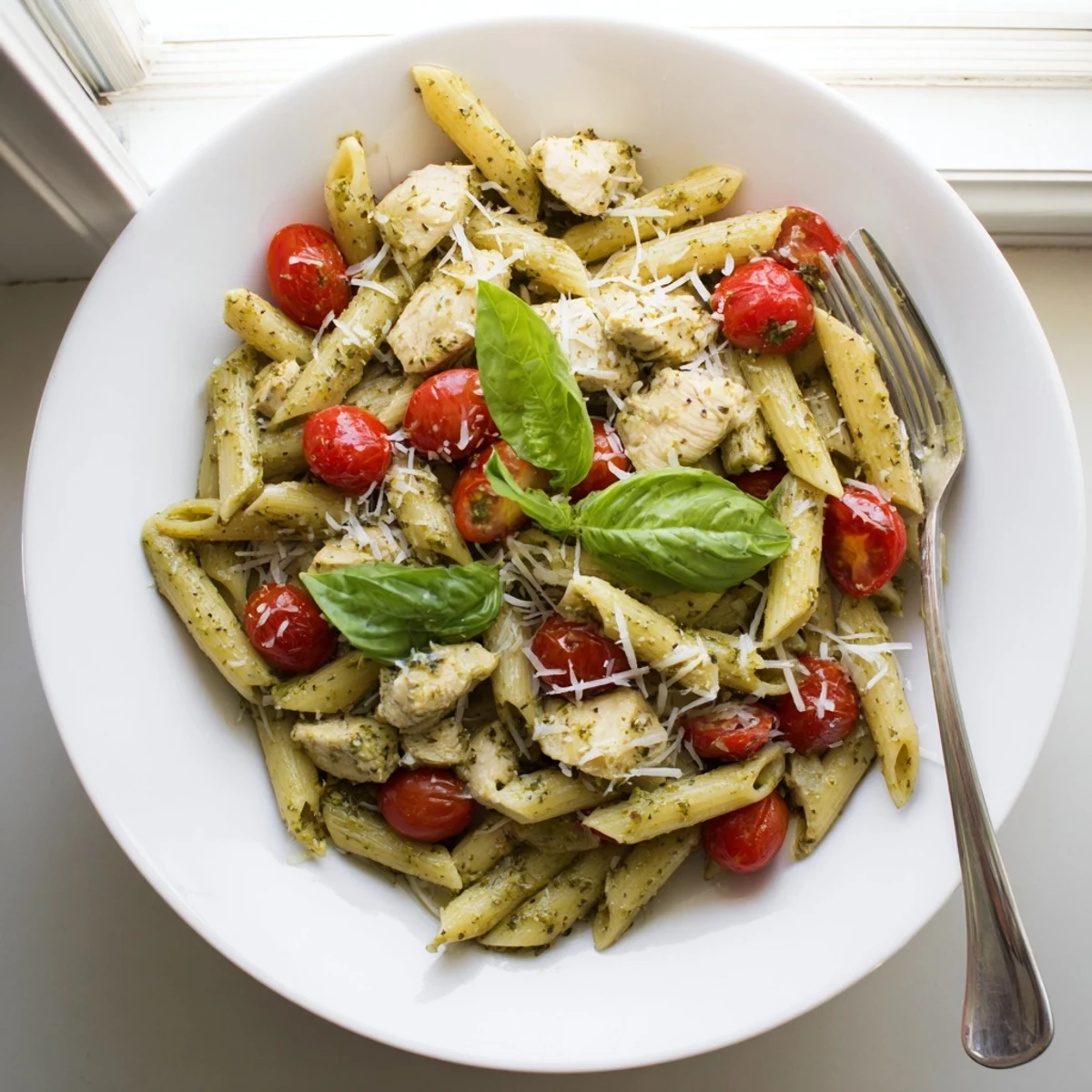 Creamy pesto chicken pasta tossed in rich basil sauce with golden seared chicken pieces