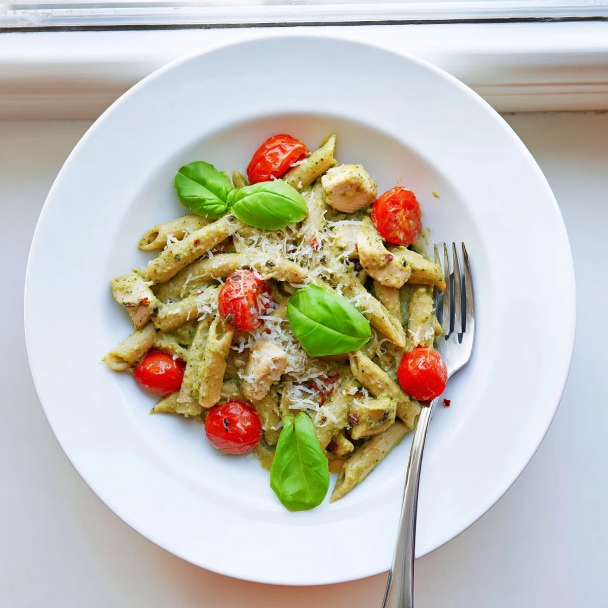 Steaming bowl of penne pasta coated in verdant pesto cream sauce with tender chicken