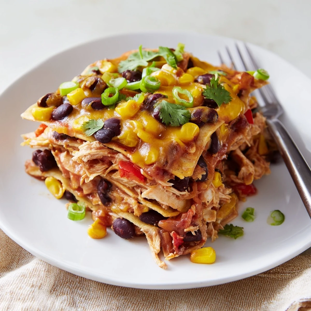 Hearty chicken enchilada casserole bubbling in crockpot with gooey shredded Mexican cheese blend