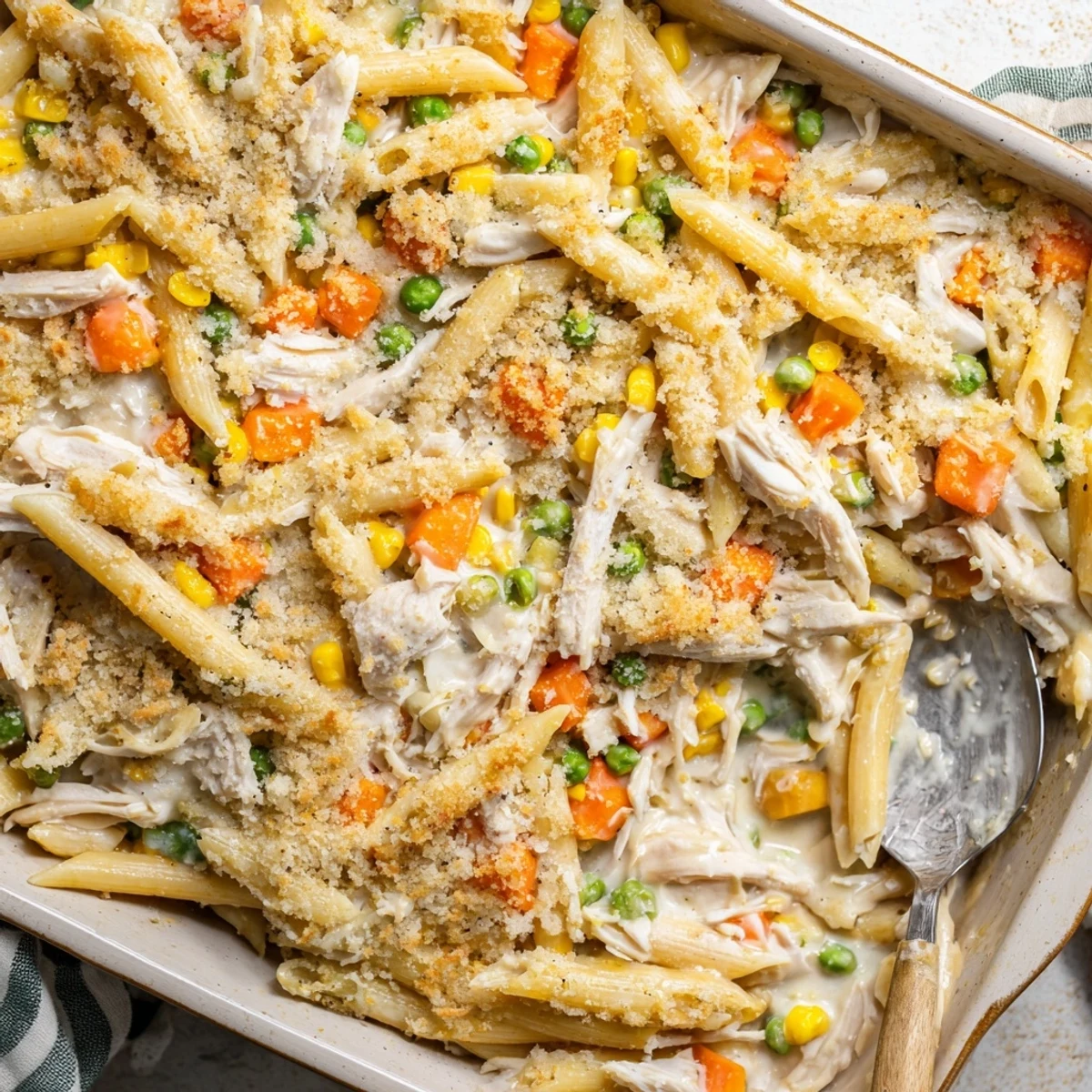 Golden chicken pot pie pasta casserole topped with crispy Parmesan panko breadcrumbs bubbling hot from the oven