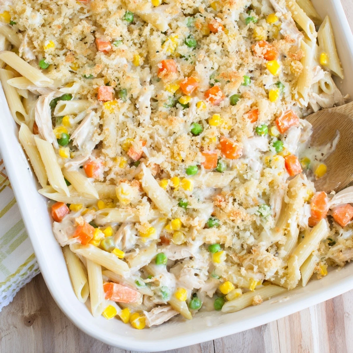 Creamy chicken pot pie pasta loaded with tender shredded chicken peas and carrots in a rich savory white sauce