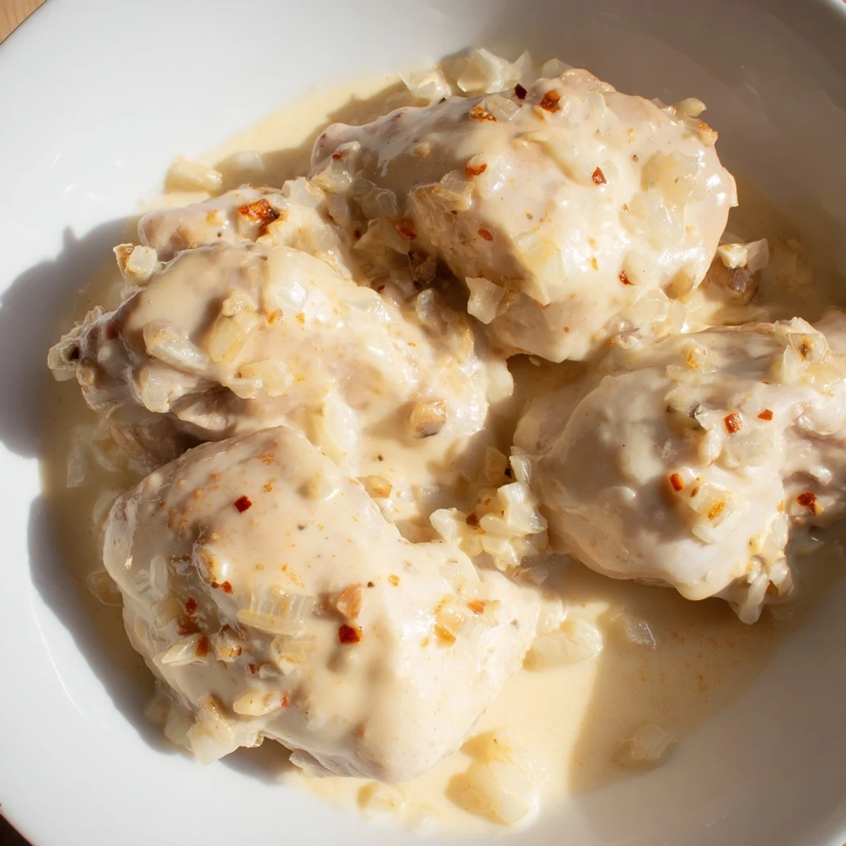Golden brown chicken thighs swimming in a rich, creamy gravy with tender onions and garlic after slow cooking