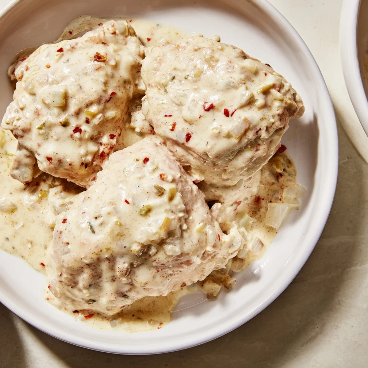 Moist boneless chicken thighs coated in a velvety smooth Italian-seasoned gravy, garnished with fresh parsley for a comforting dinner