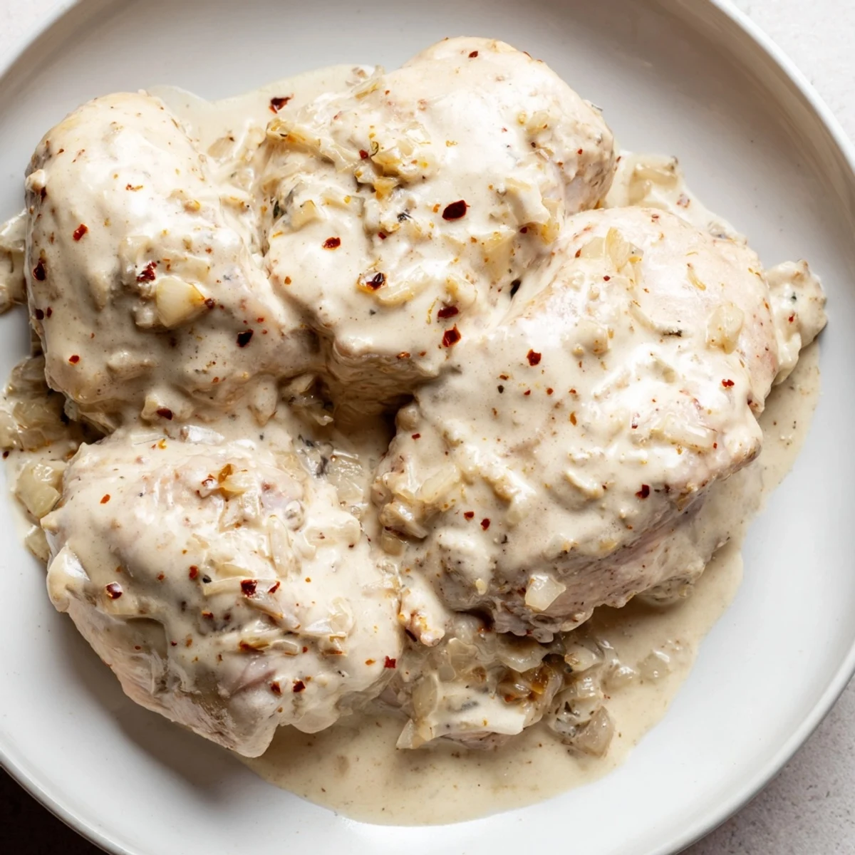 Tender slow-cooked chicken thighs resting in a thick savory gravy perfect for pouring over fluffy mashed potatoes