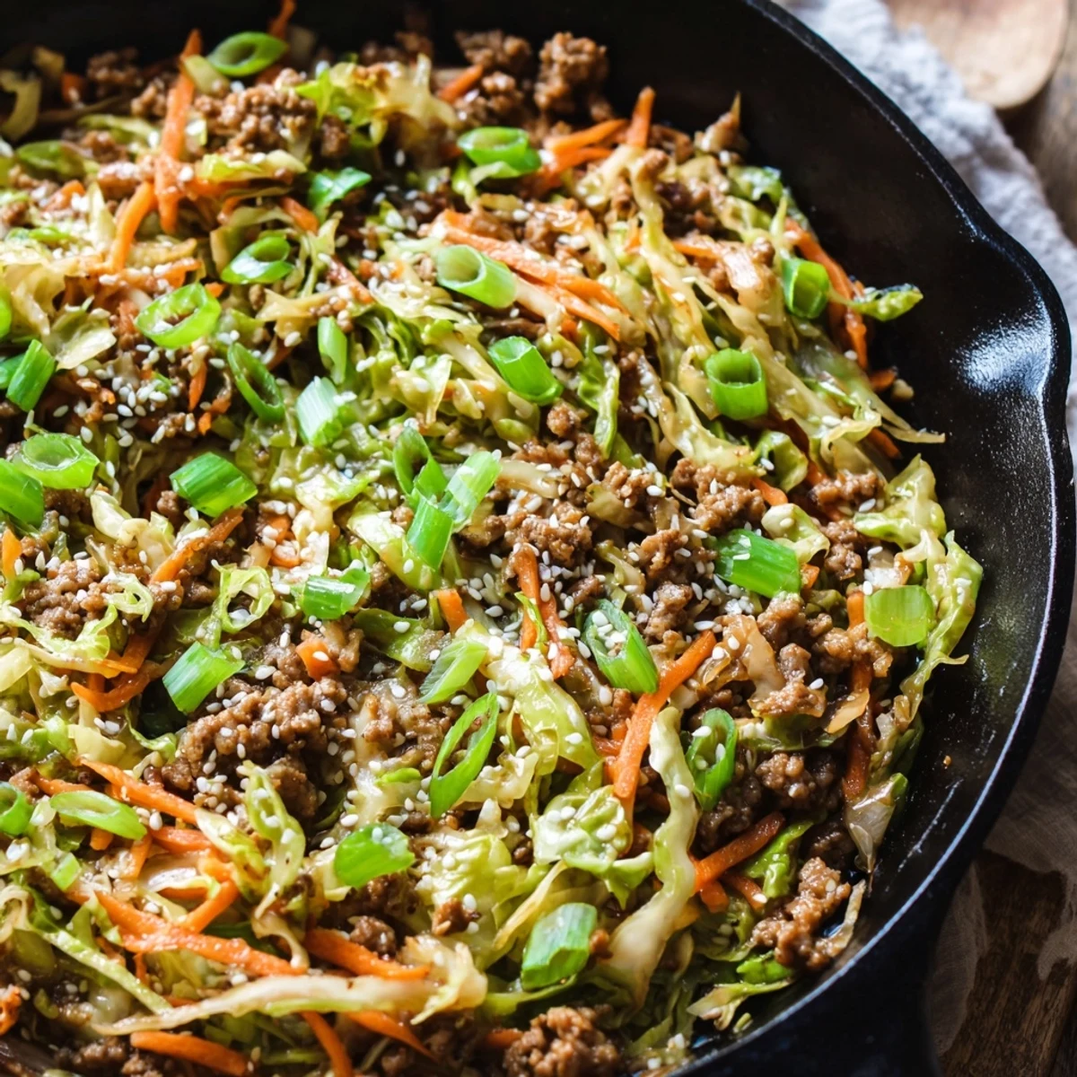 Golden brown ground pork sautéed with colorful shredded cabbage and carrots in Egg Roll in a Bowl One Skillet Keto dinner