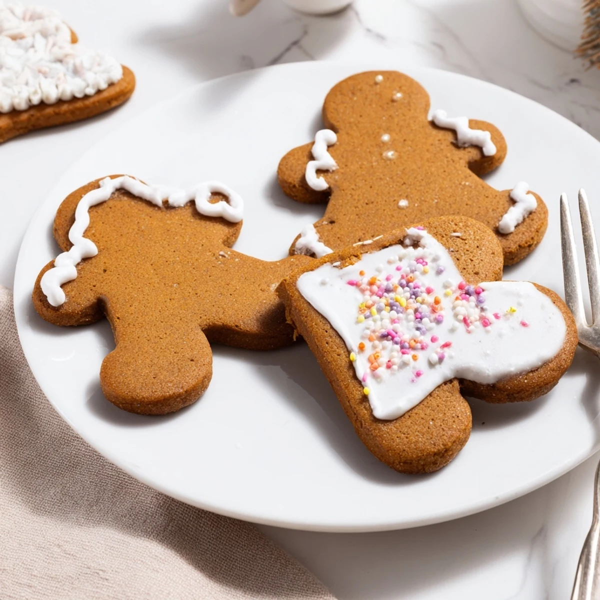 Soft spiced gingerbread men and stars arranged on a wooden cutting board with piped royal icing details.