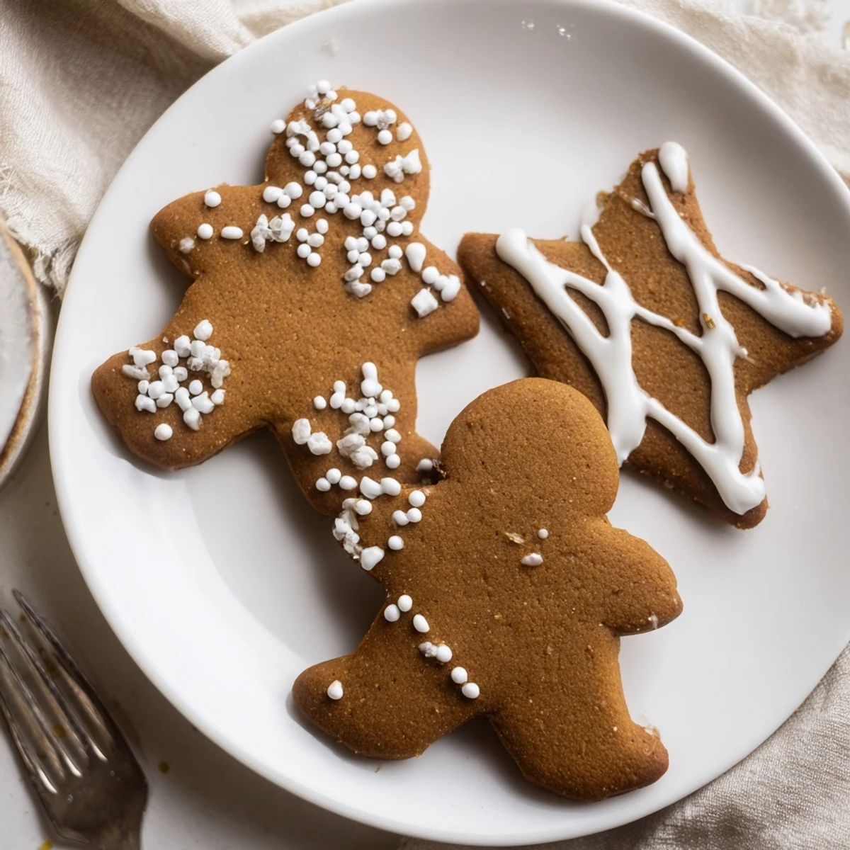 Freshly baked classic cut out gingerbread cookies with intricate icing designs scattered on festive holiday serving platter.