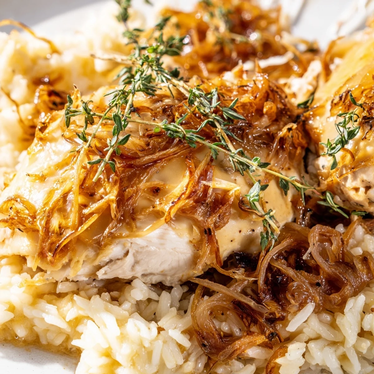 Golden brown chicken breasts nestled in creamy French onion chicken rice with melted Gruyère cheese topping