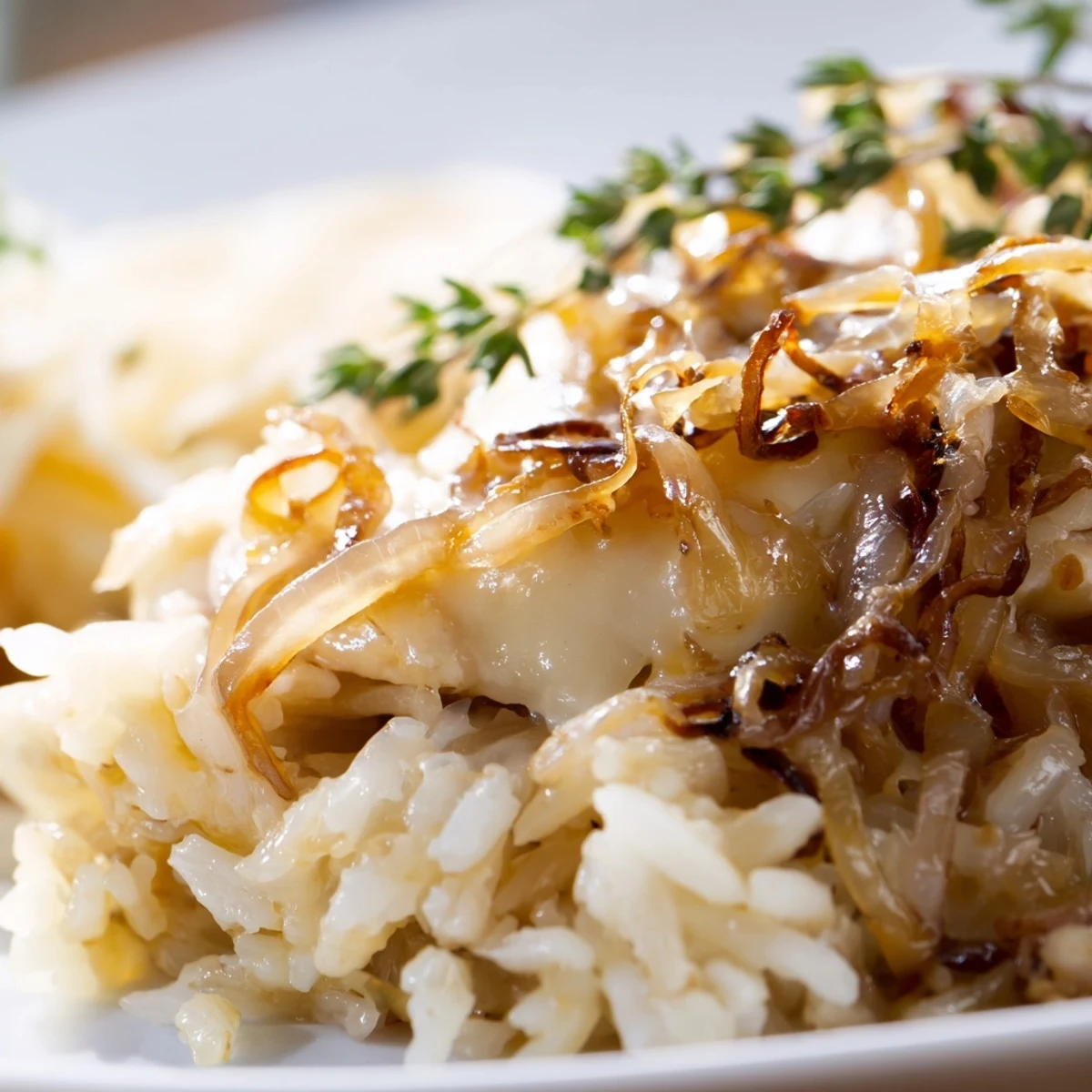 Savory one-pot French onion chicken rice featuring caramelized onions and tender chicken in rich white sauce