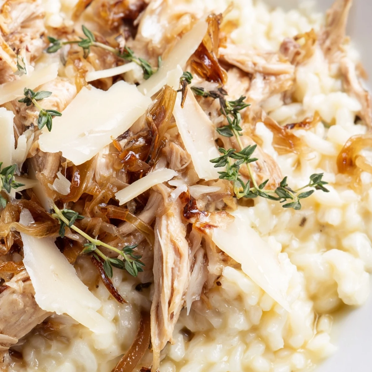 Creamy French onion chicken rice served hot with shredded cheese, fresh thyme, and perfectly cooked rice grains