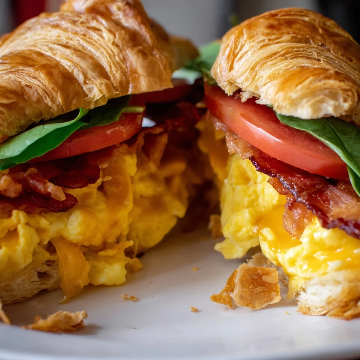 Golden flaky croissant breakfast sandwiches with scrambled eggs, crispy bacon, and melted cheddar cheese on a wooden board