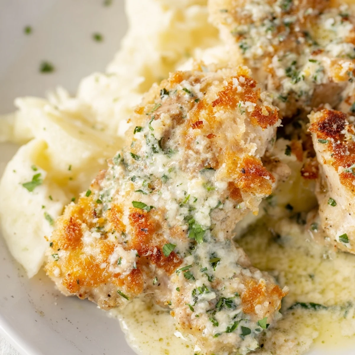 Slow cooker garlic Parmesan chicken with tender golden potatoes in a rich, creamy sauce