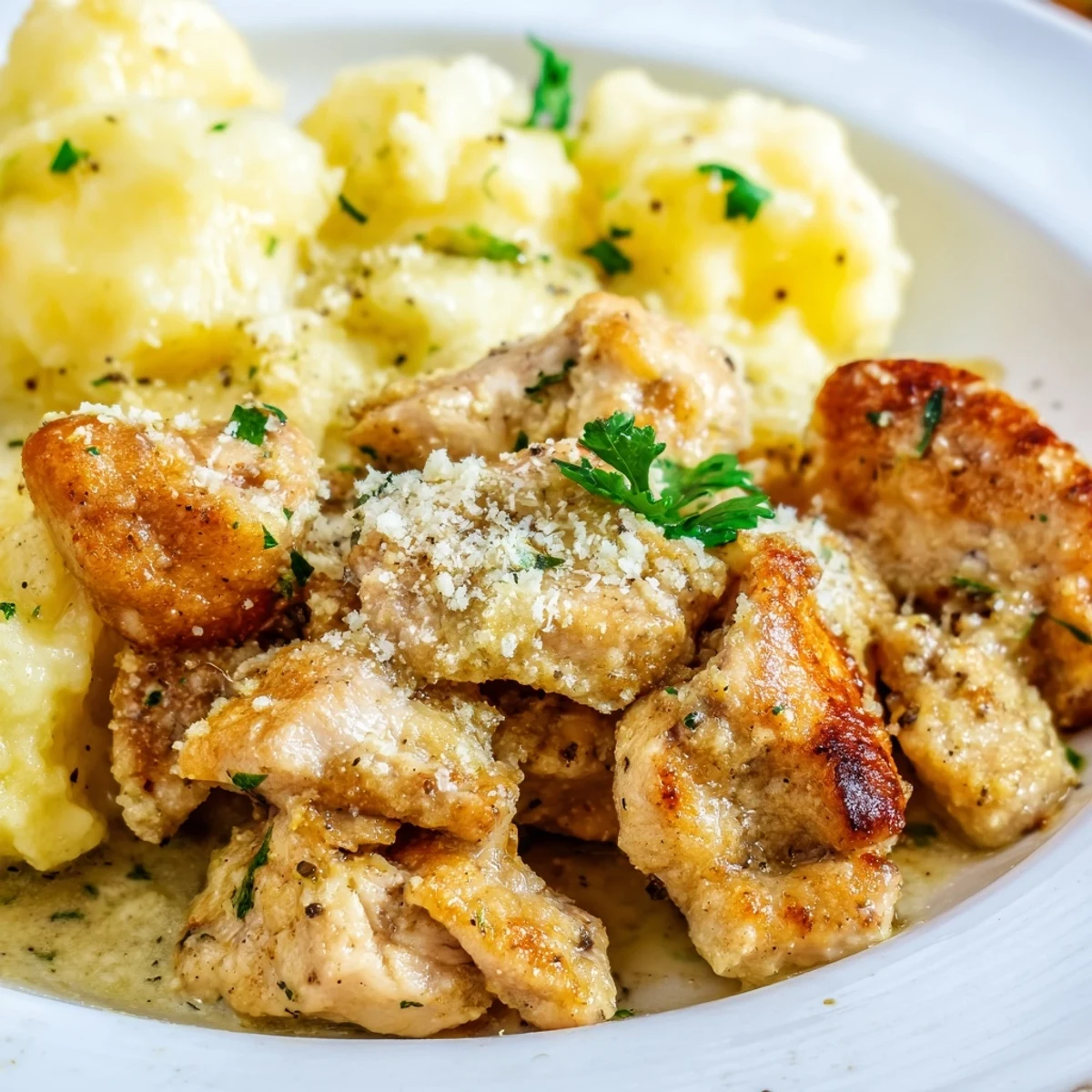 Golden brown chicken breasts nestled beside baby potatoes coated in melted Parmesan and garlic