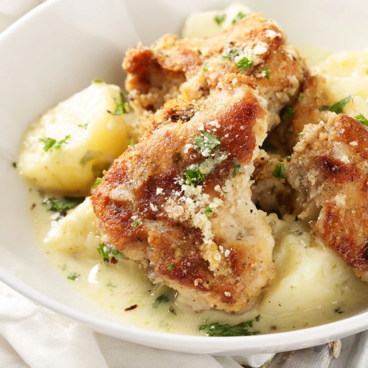 Heaping bowl of slow cooker garlic Parmesan chicken and potatoes garnished with fresh parsley
