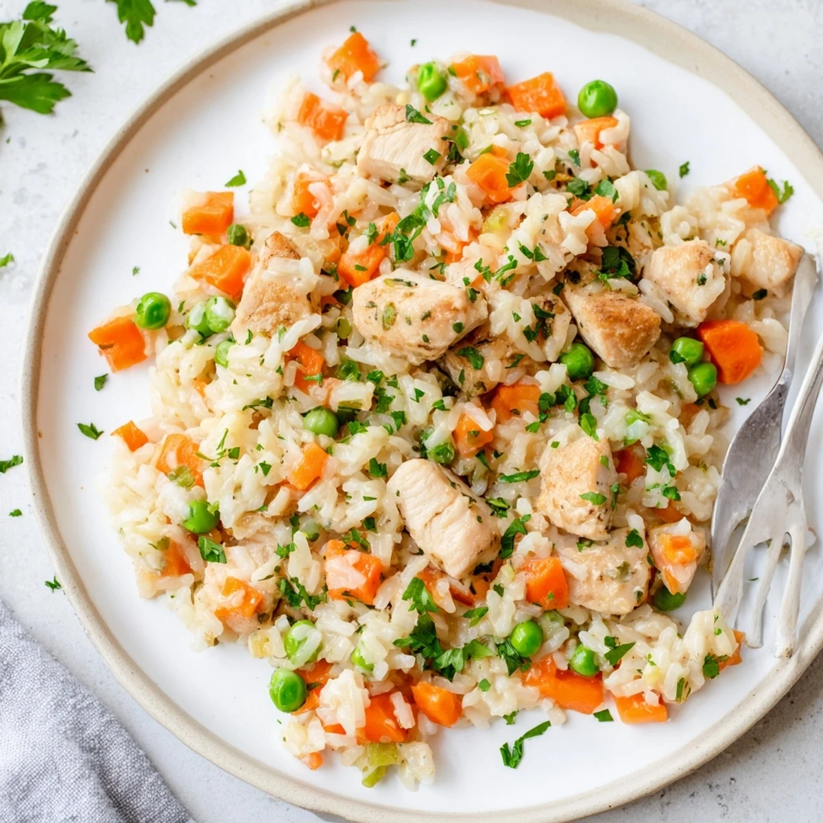 Instant Pot chicken and rice recipe with tender chicken pieces and colorful vegetables in a bowl