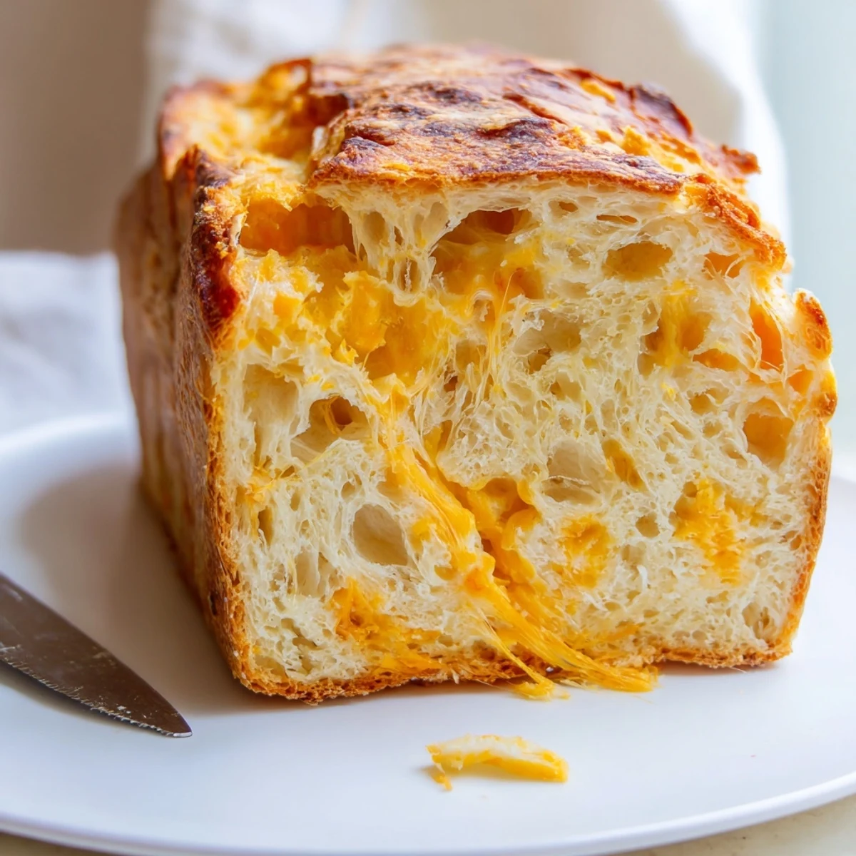 Rustic golden no knead cheddar bread with a crispy crust and melted cheese visible inside