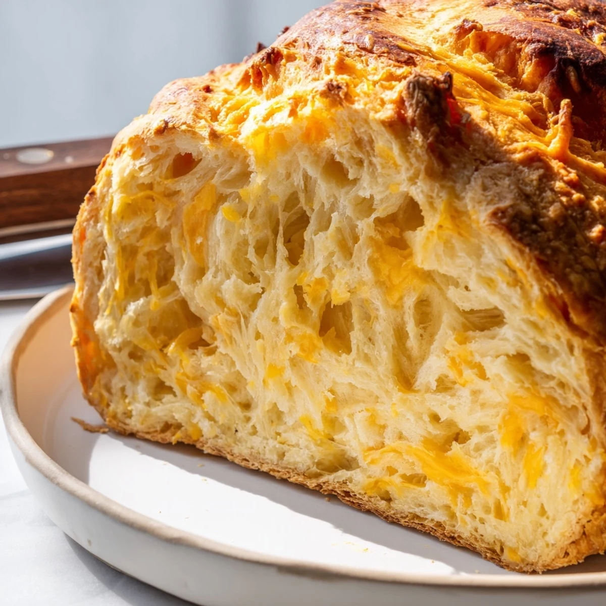 Freshly baked no knead cheddar bread loaf cooling on a wire rack with deep golden crust