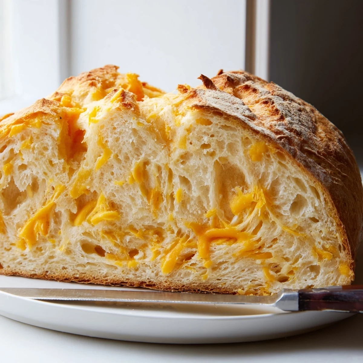 Sliced no knead cheddar bread revealing tender cheesy crumb perfect for serving with warm soup