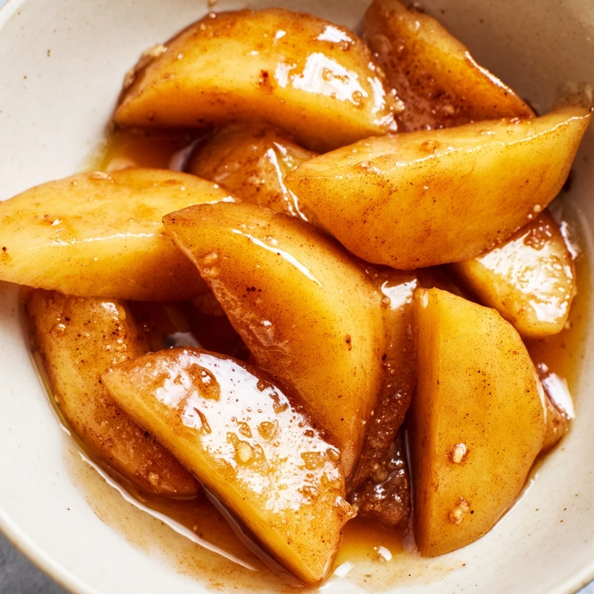 Golden tender apple slices coated in cinnamon brown sugar syrup served in white bowl