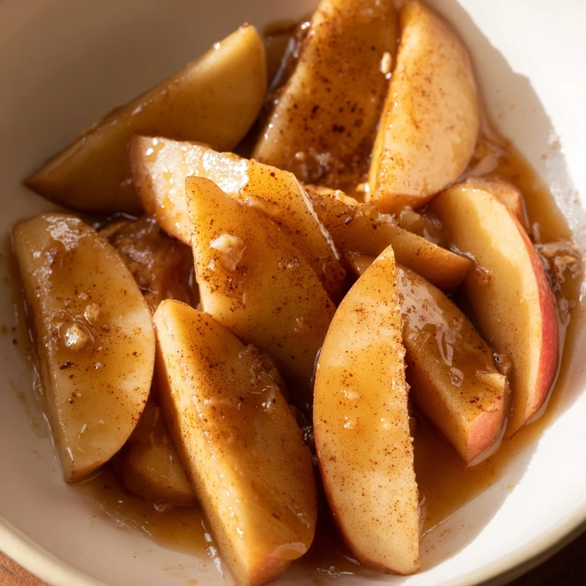 Instant Pot cinnamon apples stacked high with glistening spiced sauce on rustic wooden table