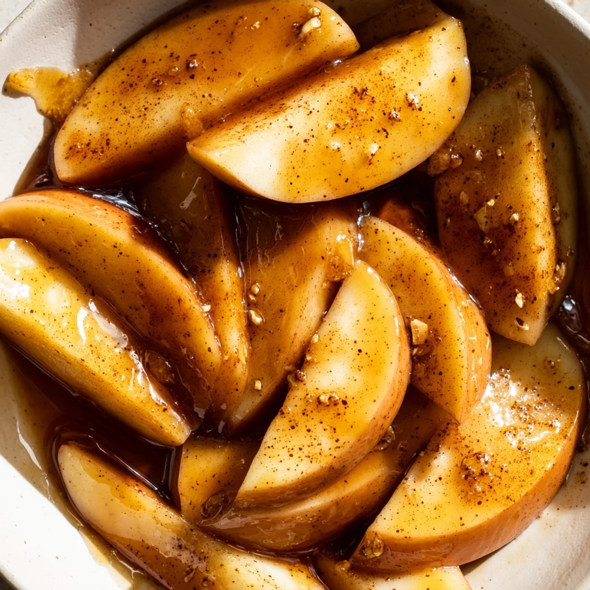 Warm spiced apple dessert topped with buttery cinnamon glaze and fresh apple slices