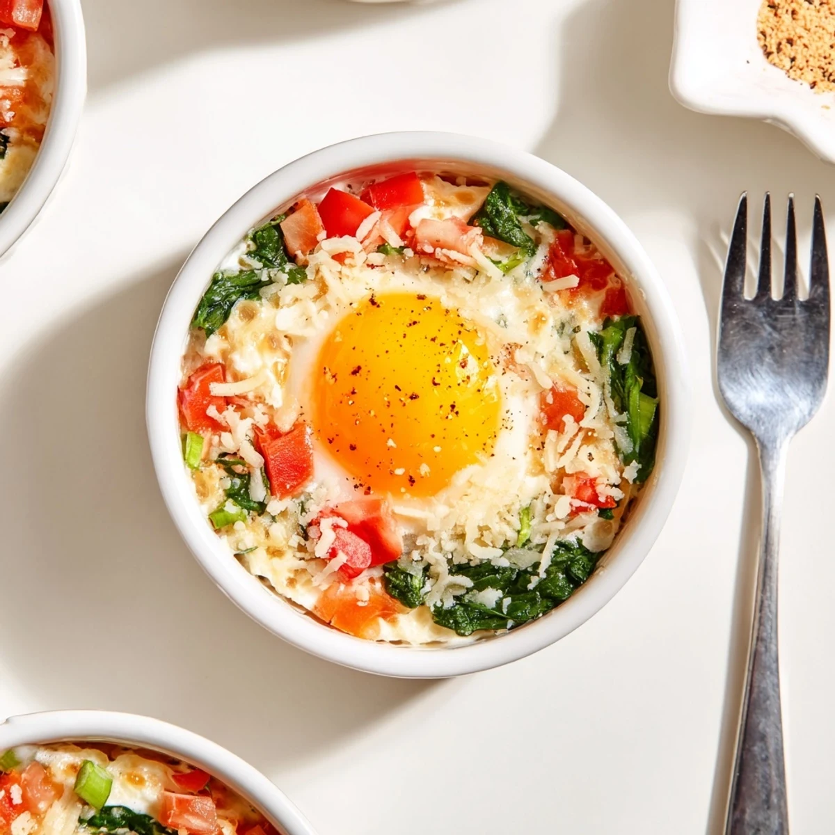 Golden baked cottage cheese eggs with melted cheddar topping in individual ramekins