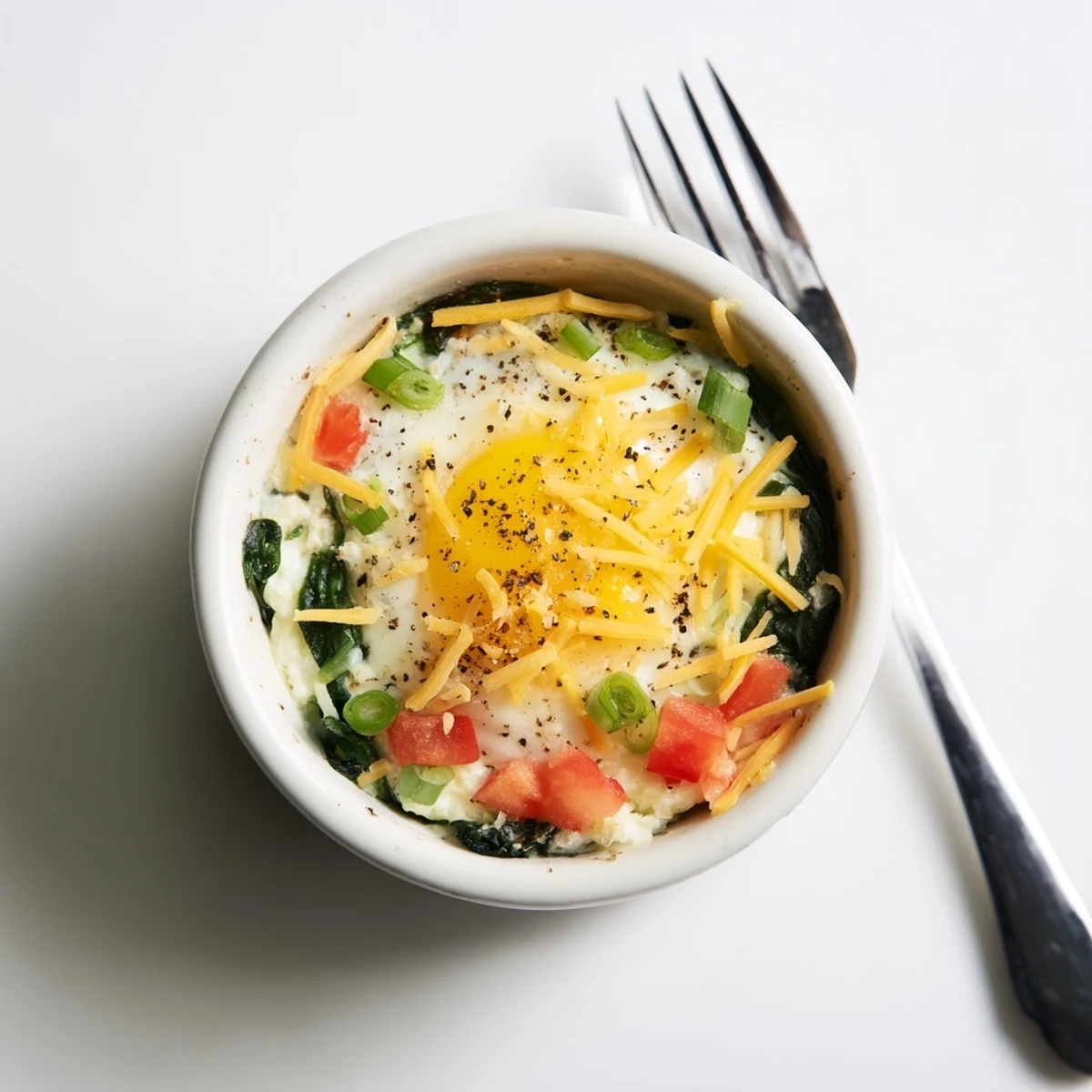 Creamy cottage cheese breakfast baked with spinach and perfectly set eggs