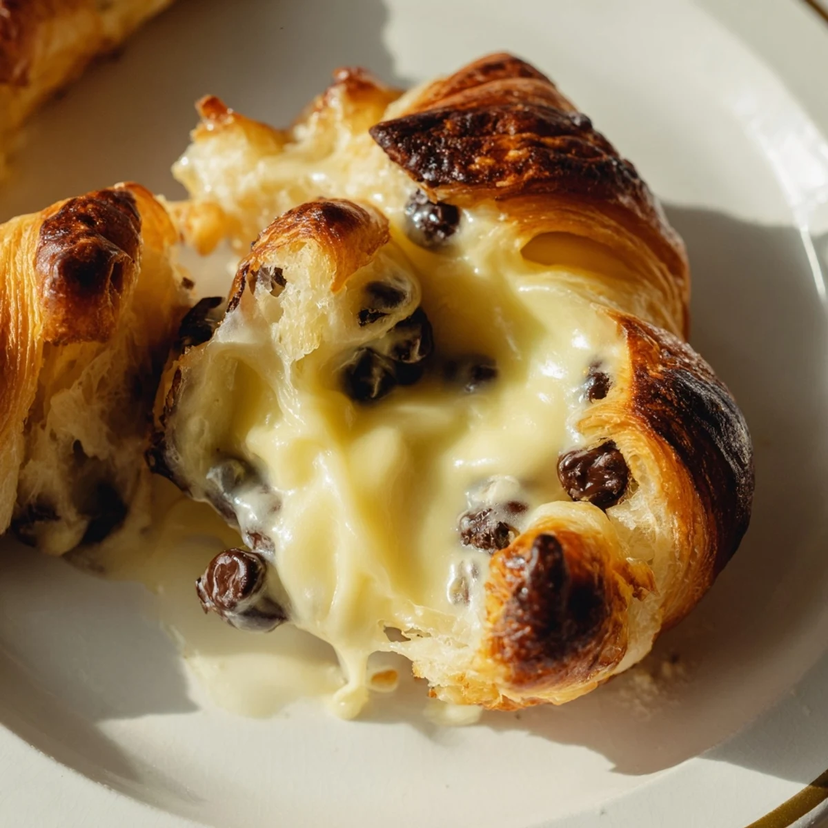 Golden chocolate croissant breakfast bake with melted chocolate chips and powdered sugar topping