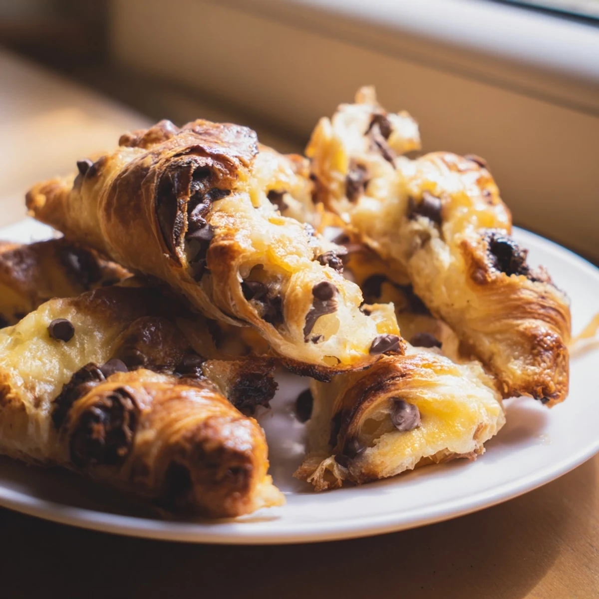 Bubbling chocolate croissant breakfast bake casserole with buttery croissant pieces and chocolate chunks