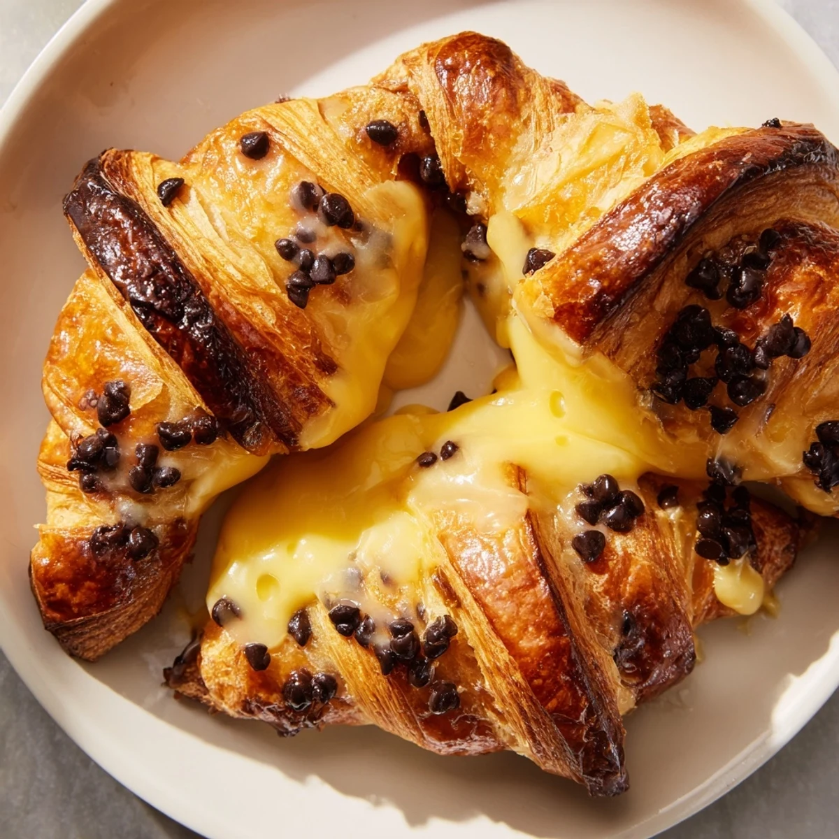 Warm French-inspired chocolate croissant breakfast bake served with fresh berries for brunch