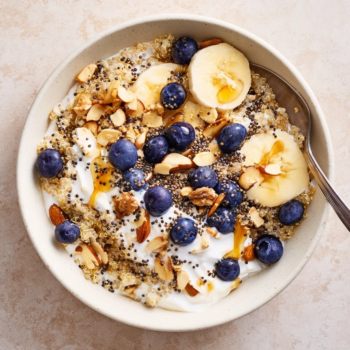 Golden quinoa bowl layered with Greek yogurt, sweet blueberries and drizzled maple syrup