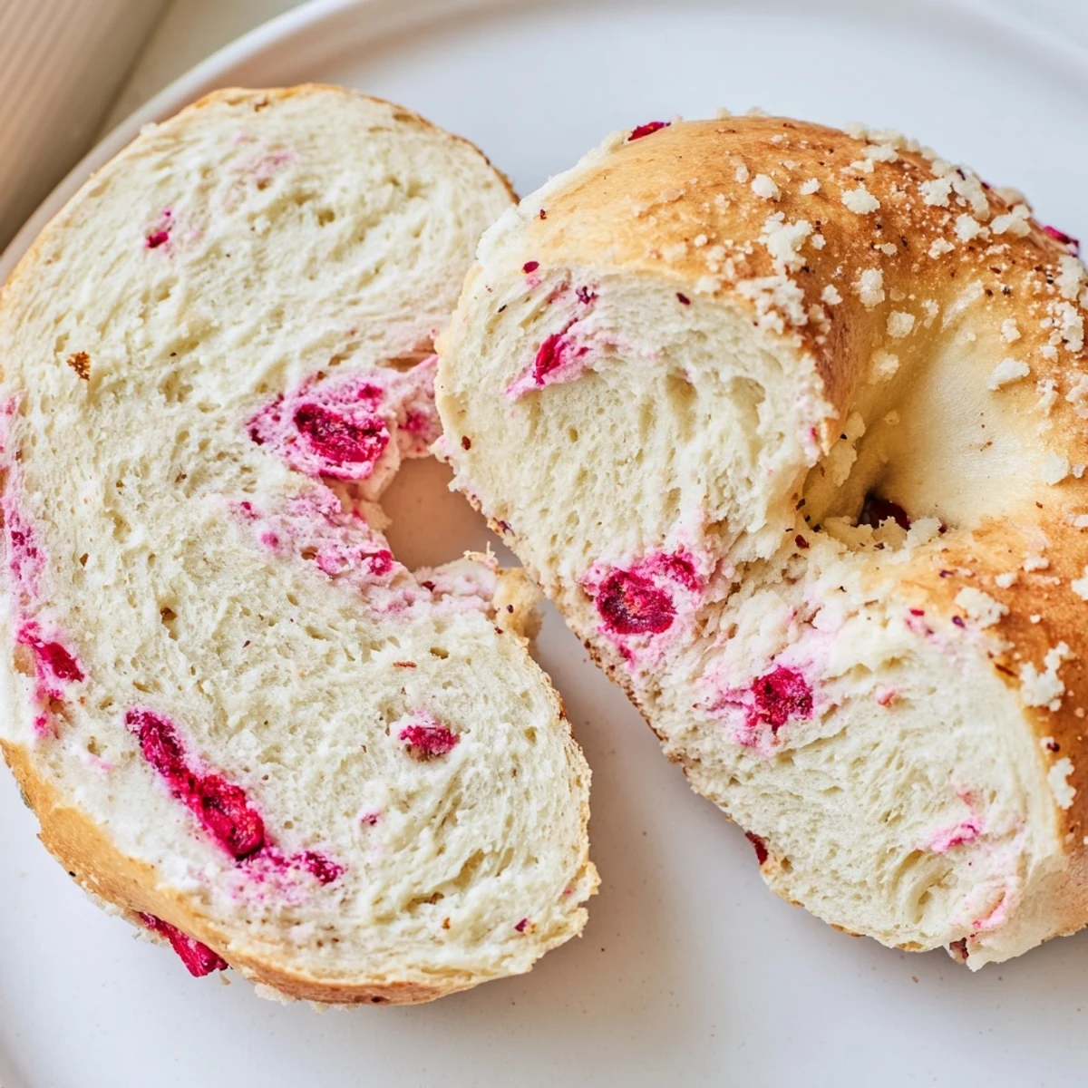 Freshly baked raspberry sourdough bagels with juicy red berries peeking through golden brown crust