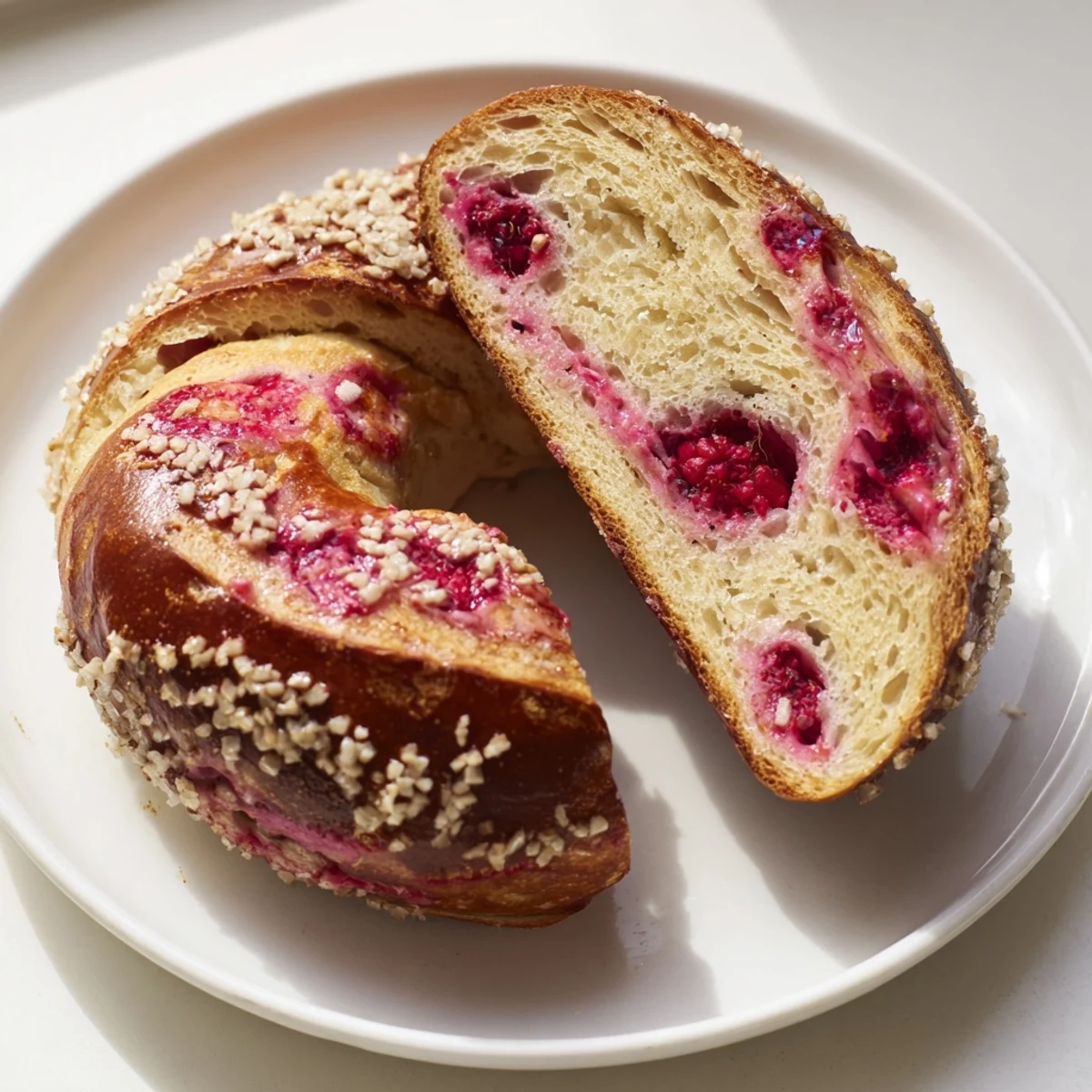 Homemade raspberry sourdough bagels cooling on wire rack after boiling and baking to chewy perfection