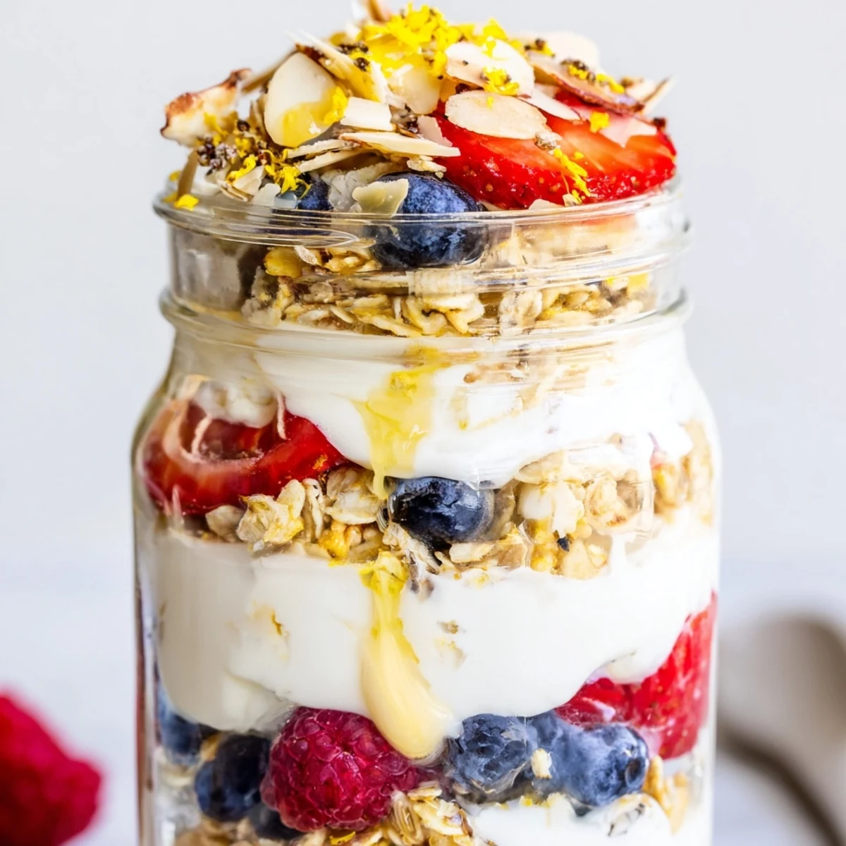 Greek yogurt parfait topped with vibrant mixed berries and honey drizzle close-up
