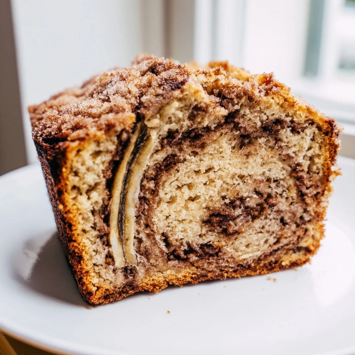 Moist cinnamon sugar swirl banana bread with golden crust and marbled spiced ribbon throughout