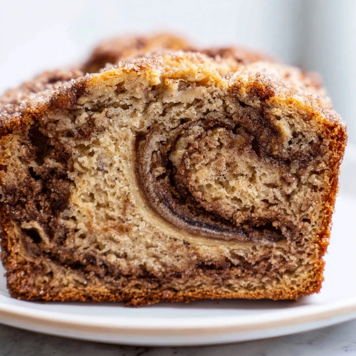 Warm slice of cinnamon sugar swirl banana bread showing tender crumb and sweet cinnamon layers