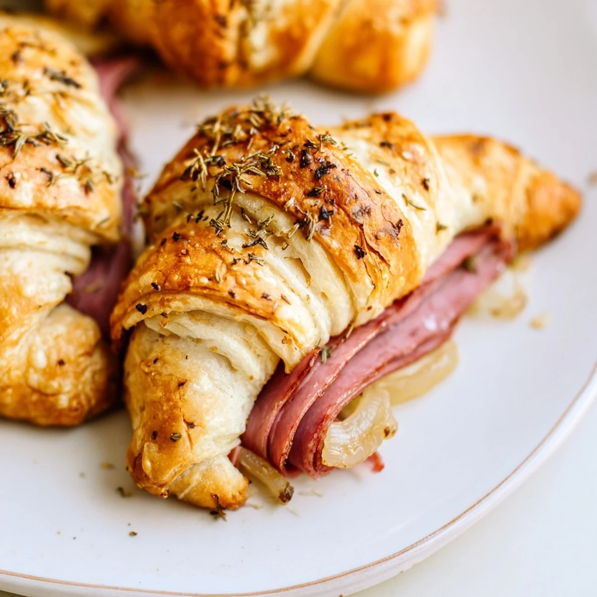 Crescent roll wrapped Beef and Cheese French Dip Roll Ups with gooey melted provolone cheese pulling apart