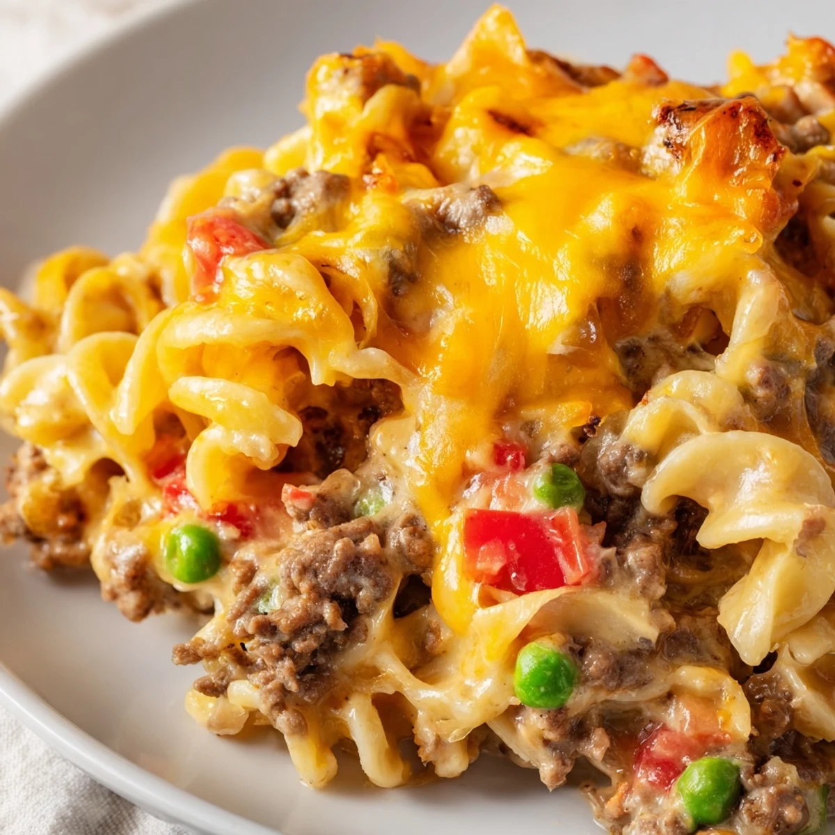 Golden bubbly Cheesy Beef and Noodle Casserole fresh from the oven with melted cheddar topping